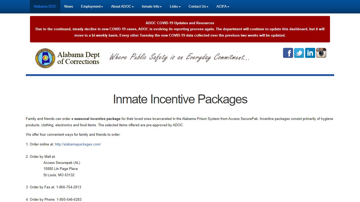 Inmate Incentive Packages - Alabama Dept of Corrections
